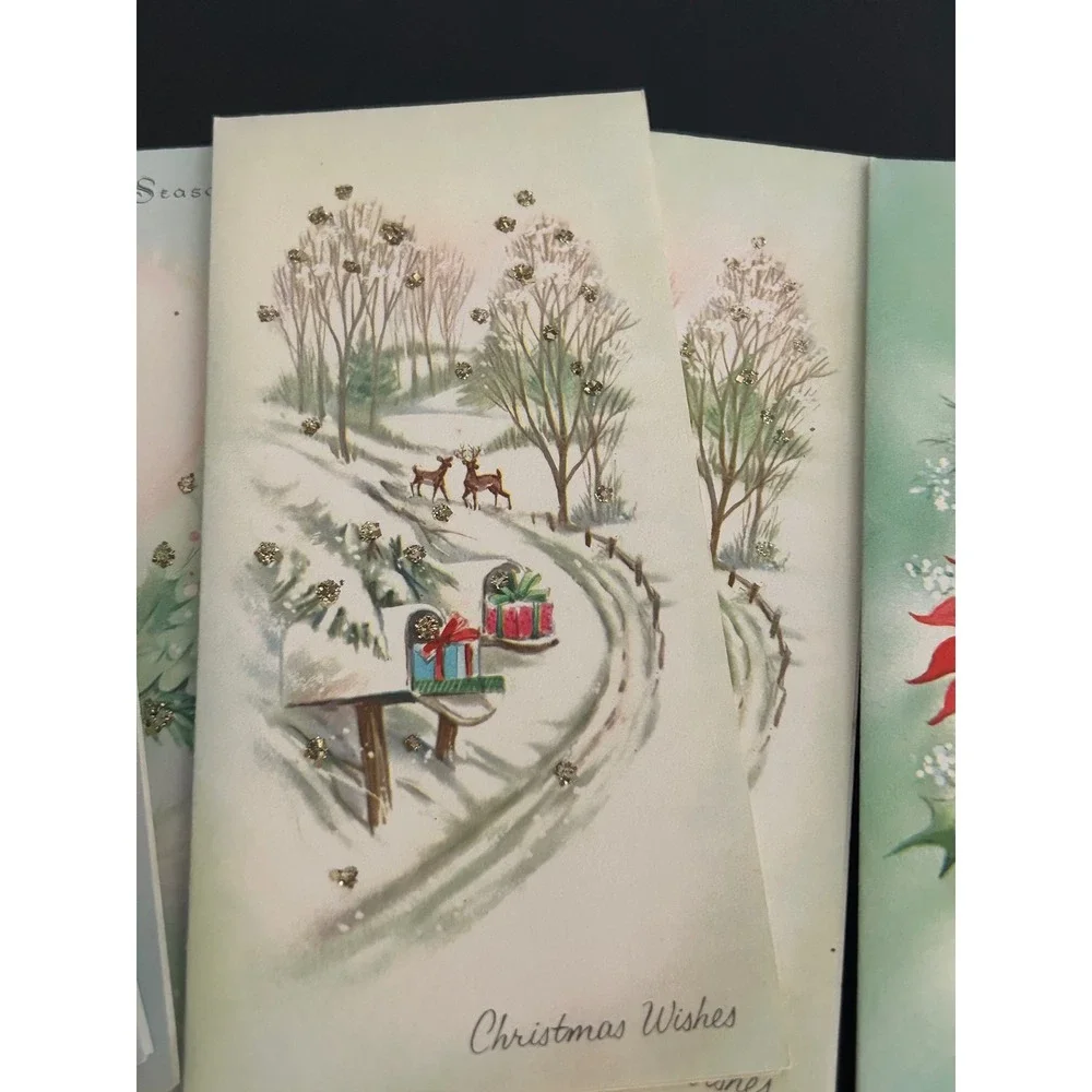 Christmas Cards Glitter Bulk Lot  Vintage Glitter Poinsettia Candle Winter Scene